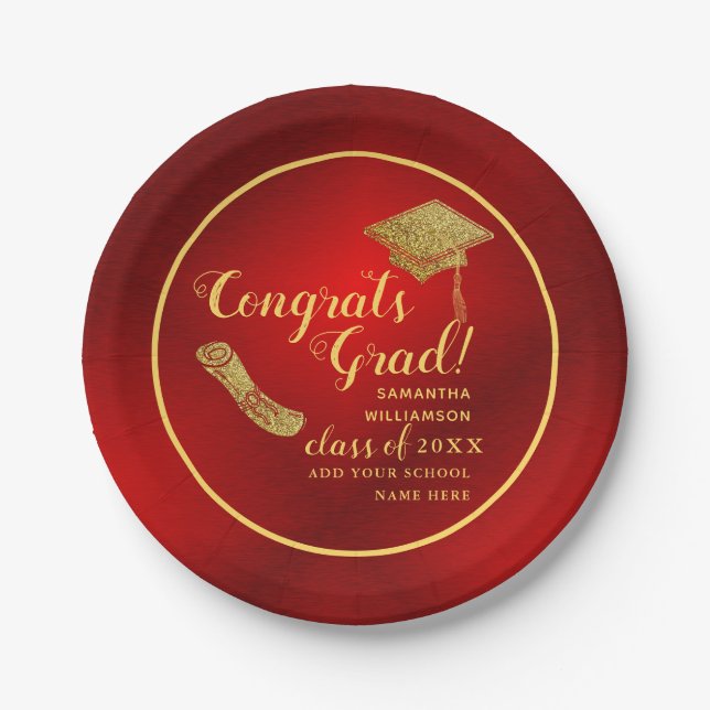 Red and Gold Class of 2025 Graduation Paper Plate (Front)