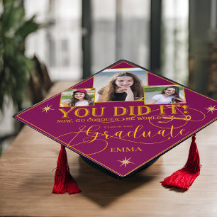 Red and Gold Class Of 2025 You Did It Quote Photo Graduation Cap Topper