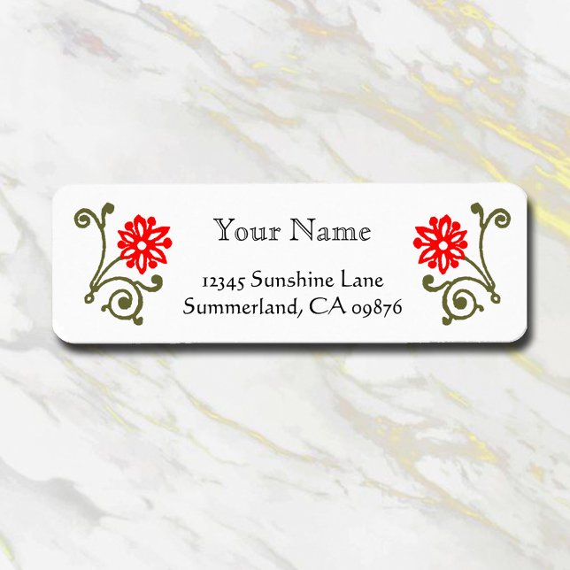 Red and Gold Daisy Etching Custom Return Address (Red flowers golden curls vintage etching)