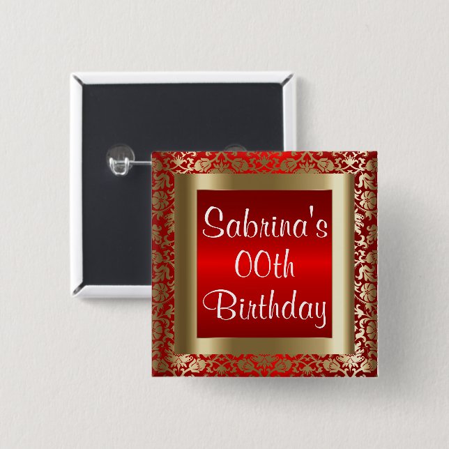 Red and Gold Damask - Any Birthday or Event 2 Inch Square Button (Front & Back)