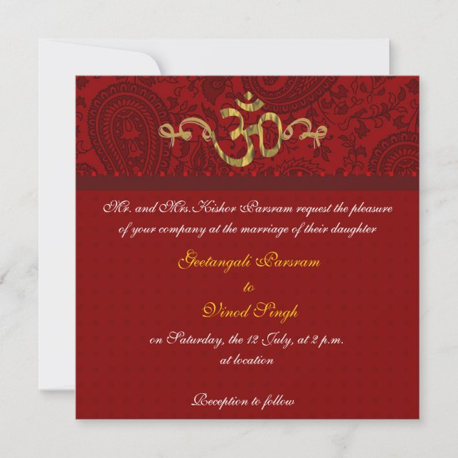 Red and gold damask brocade Hindu wedding Invitation (Front)