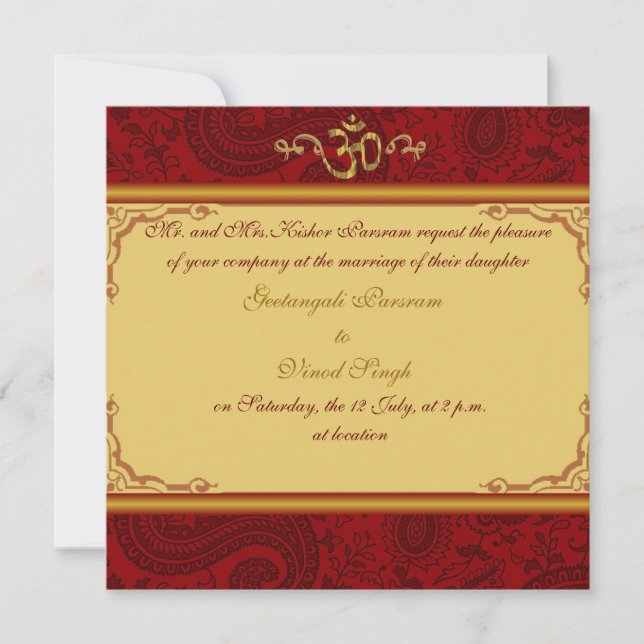 Red and gold damask brocade Hindu wedding Invitation (Front)