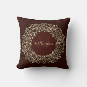 Red and Gold Damask Monogram Decorative Throw Pillow