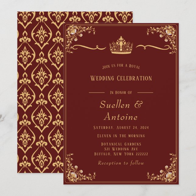 Red and Gold Damask Royal Invitation (Front/Back)