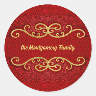 Red and Gold Damask Swirls with Name Classic Round Sticker