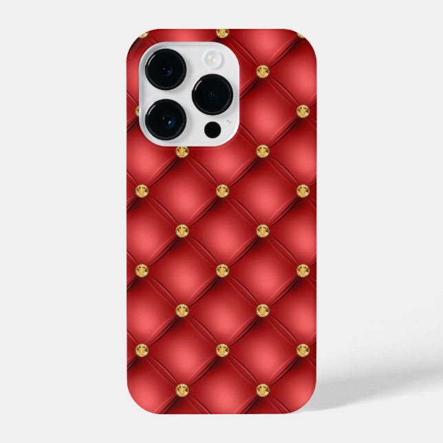 Red and Gold Diamond Tufted Leather Luxury Jewel iPhone Case (Back)
