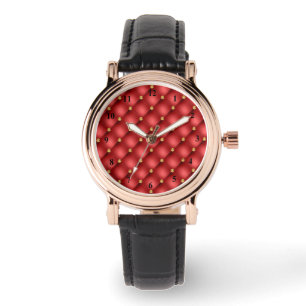 Red and Gold Diamond Tufted Leather Luxury Jewel Watch