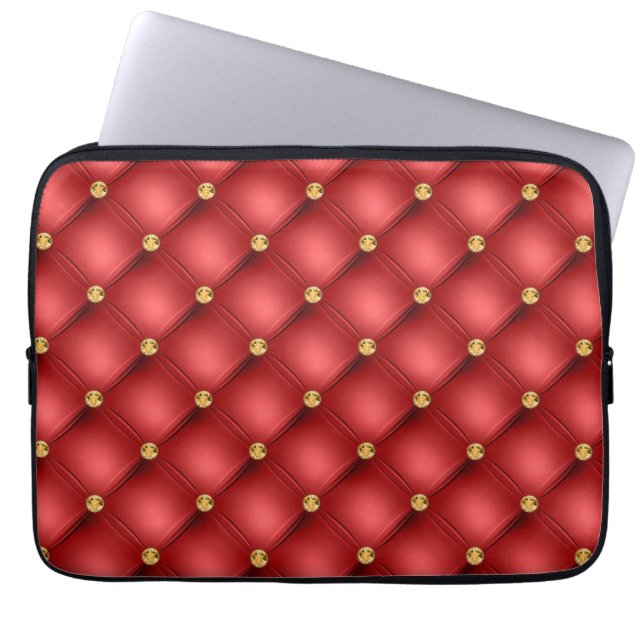 Red and Gold Diamond Tufted Leather Texture Luxury Laptop Sleeve (Front)