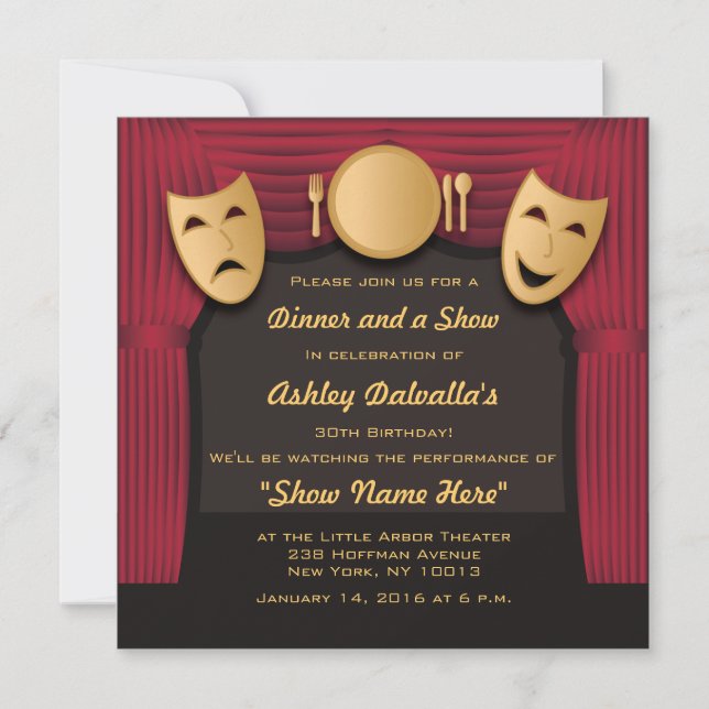Red and Gold Dinner Theatre Party Invitations (Front)