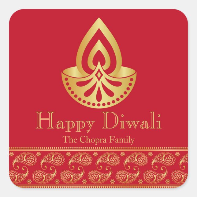 Red and Gold Diwali Party Favour Square Sticker (Front)