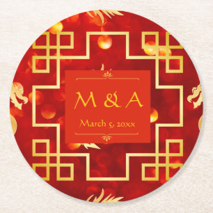 Red and Gold Dragon Wedding Round Paper Coaster