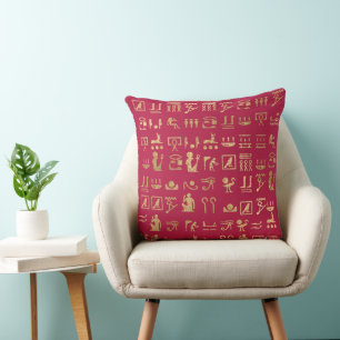 Red and Gold Egyptian Hieroglyphics Throw Pillow