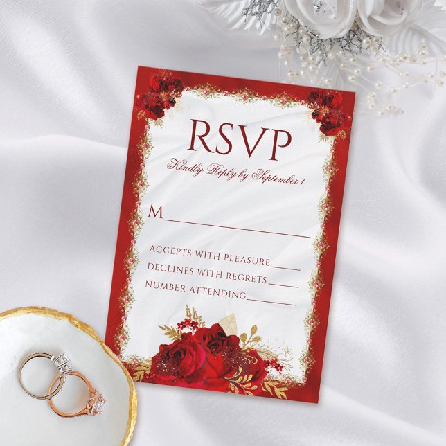 Red and Gold Elegant Floral Wedding RSVP Card (Creator Uploaded)