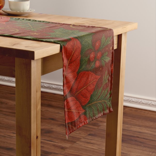 Red and Gold Elegant Poinsettia & Holly Christmas Short Table Runner (In Situ)
