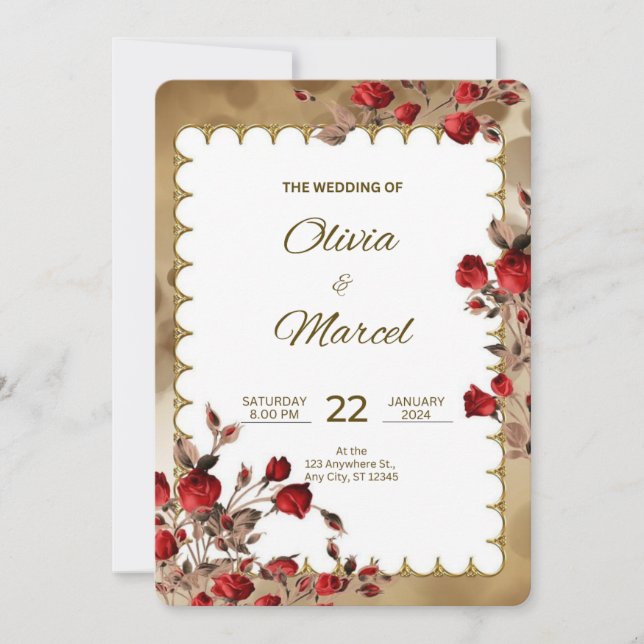Red and Gold Elegant Wedding  Invitation (Front)