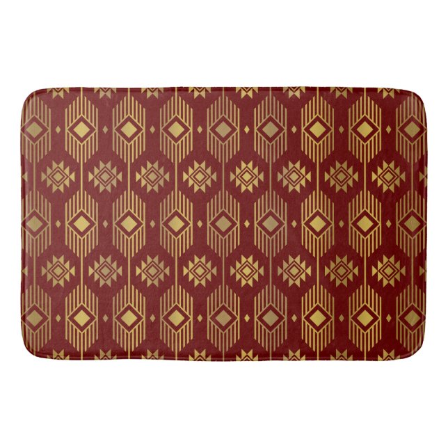 Red and gold ethnic ikat geometric pattern bath mat (Front)