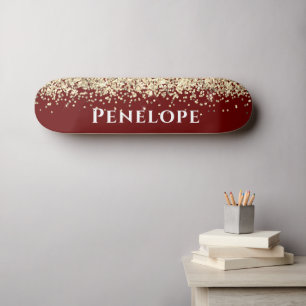 Red And Gold Faux Glitter Aesthetic Custom Name Skateboard