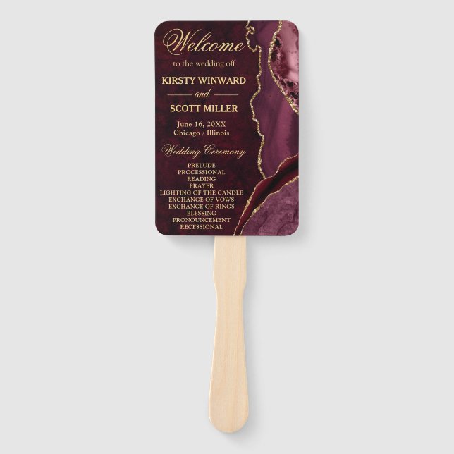 Red and Gold Faux Glitter Agate Wedding Program Hand Fan (Front)