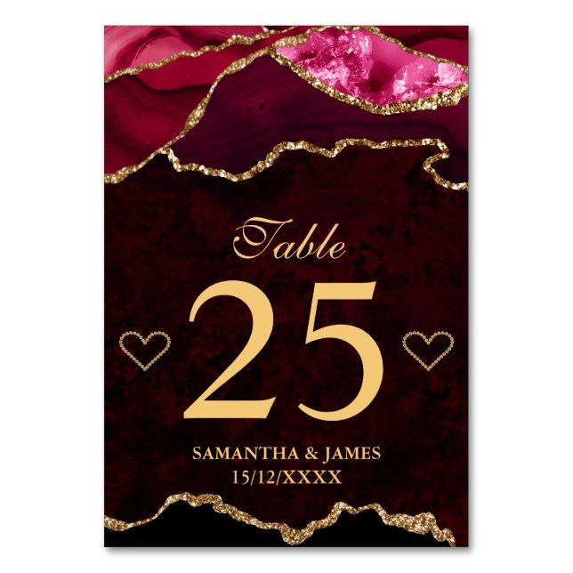 Red and Gold Faux Glitter Agate Wedding Table Number (Front)