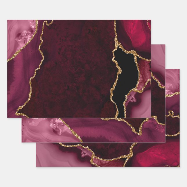 Red and Gold Faux Glitter Agate Wrapping Paper Sheet (Set)