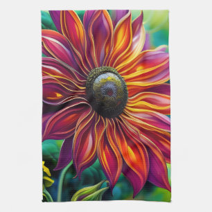 Red and Gold filigree Sunflower Kitchen Towel