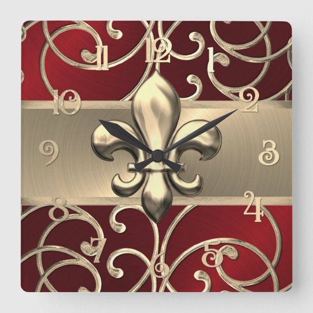 Red and Gold Filigree Swirls Fleur de Lis Square Wall Clock (Front)