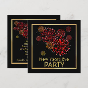 Red and Gold Fireworks New Years Party Invitations