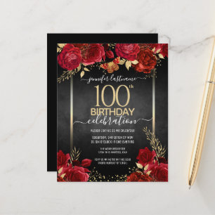 Red and Gold Floral 100th Birthday Invitation 