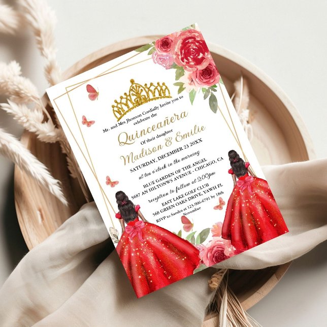 Red and Gold Floral Butterfly Twin Quinceanera  Invitation (Creator Uploaded)