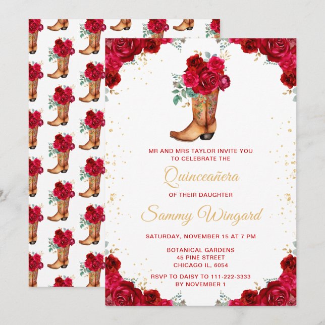 Red and Gold Floral Cowboy Boot Quinceañera Invitation (Front/Back)