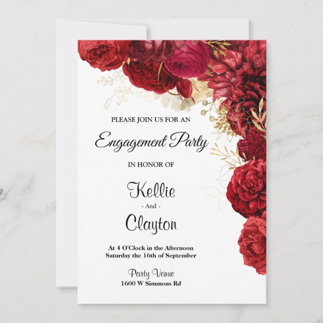 Red And Gold Floral Engagement Party Invitation (Front)