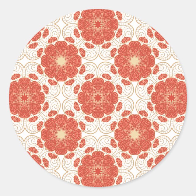 Red And Gold Floral Lace Pattern Classic Round Sticker (Front)