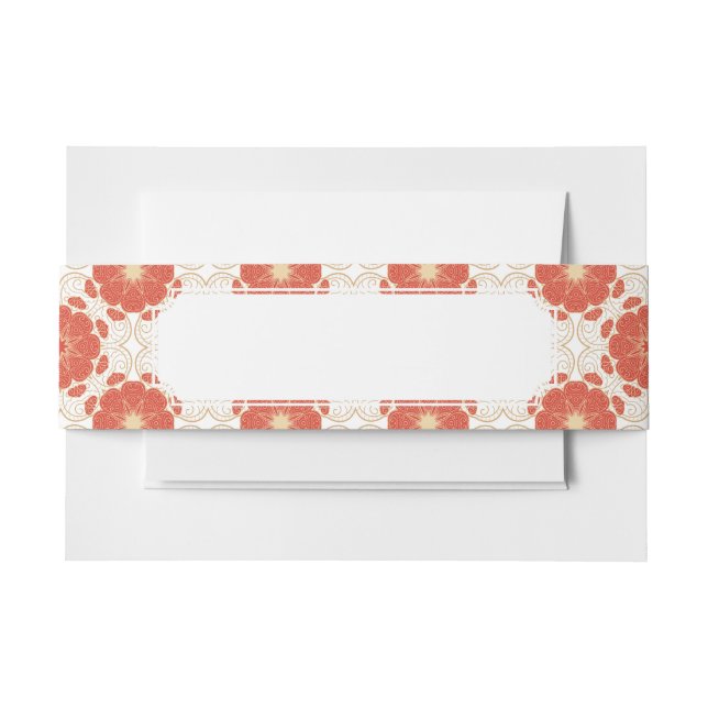 Red And Gold Floral Lace Pattern Invitation Belly Band (Front Example)