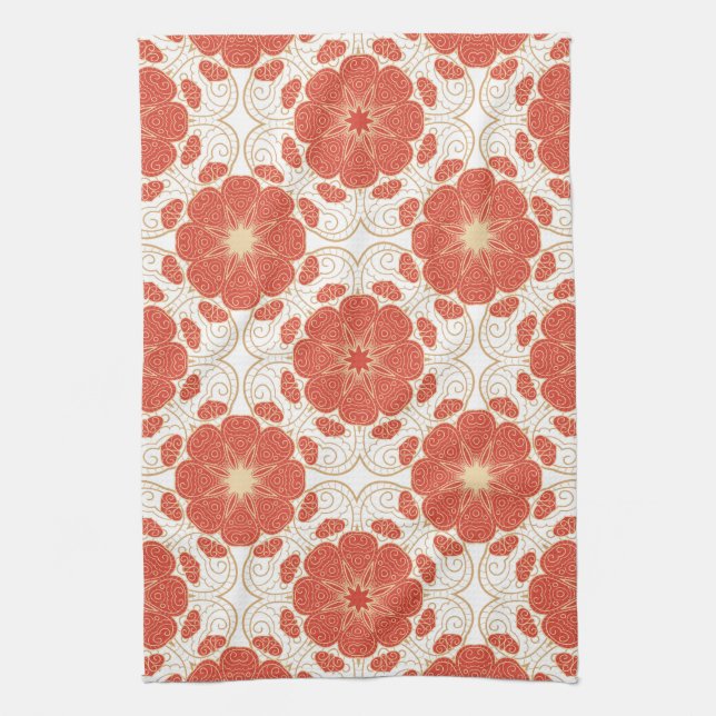 Red And Gold Floral Lace Pattern Kitchen Towel (Vertical)