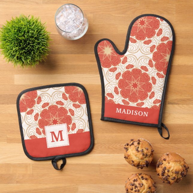 Red And Gold Floral Lace Pattern Oven Mitt & Pot Holder Set (Top Down)