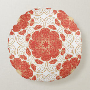 Red And Gold Floral Lace Pattern Round Pillow