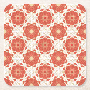 Red And Gold Floral Lace Pattern Square Paper Coaster
