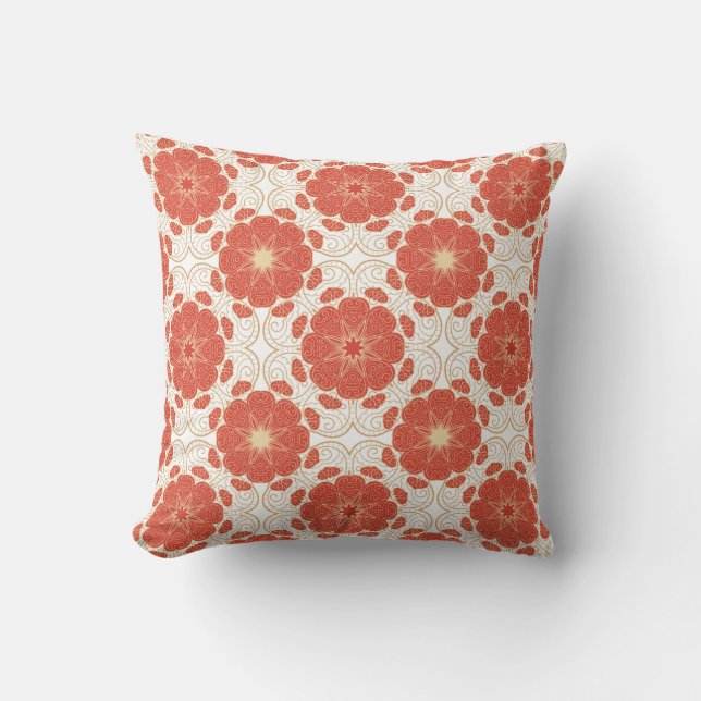 Red And Gold Floral Lace Pattern Throw Pillow (Front)