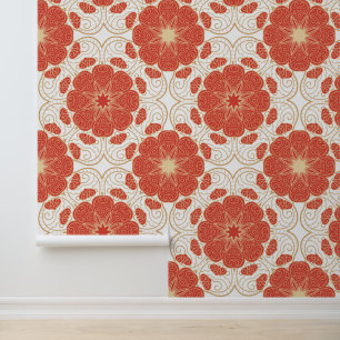Red And Gold Floral Lace Pattern Wallpaper