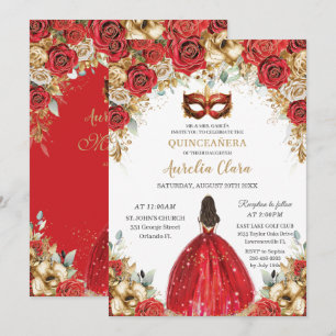 Red and Gold Floral Masquerade Ball Quinceañera Invitation