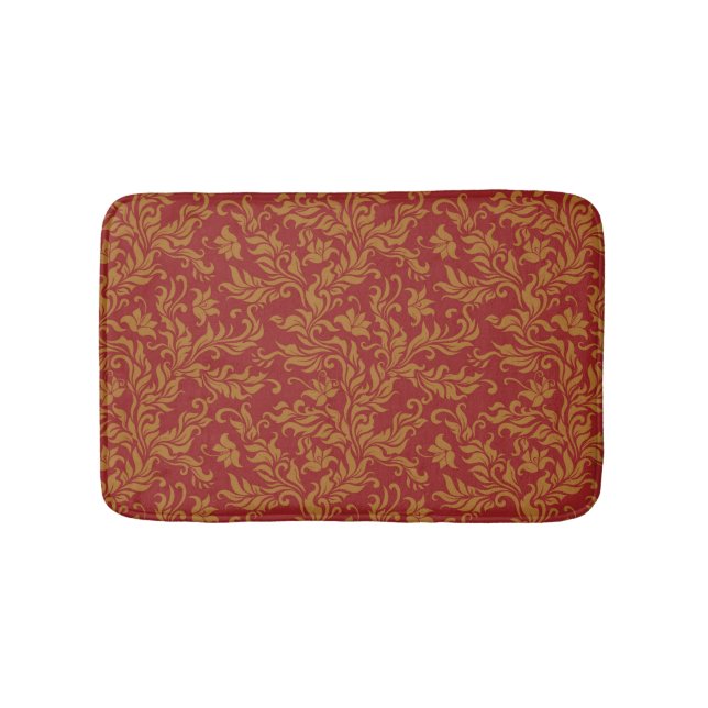 Red and Gold Floral Pattern Bath Mat (Front)