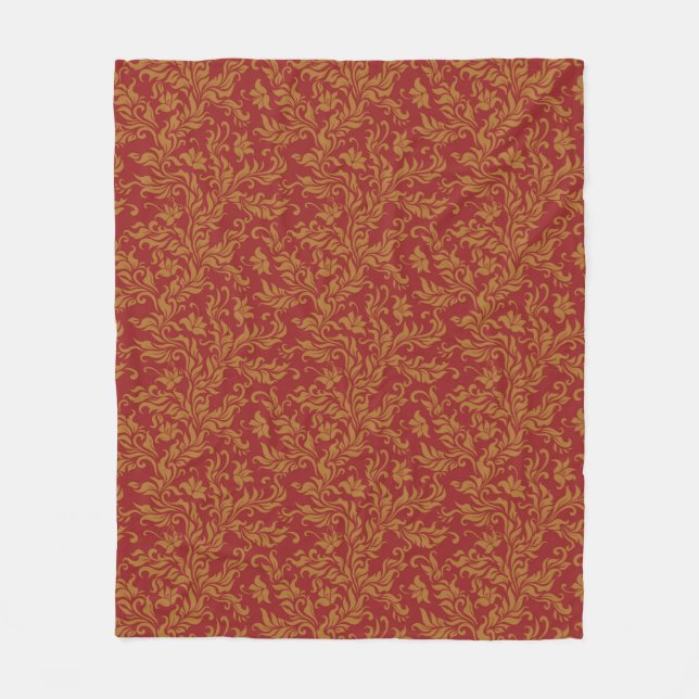 Red and Gold Floral Pattern Fleece Blanket (Front)