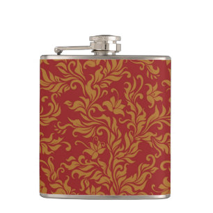 Red and Gold Floral Pattern Hip Flask