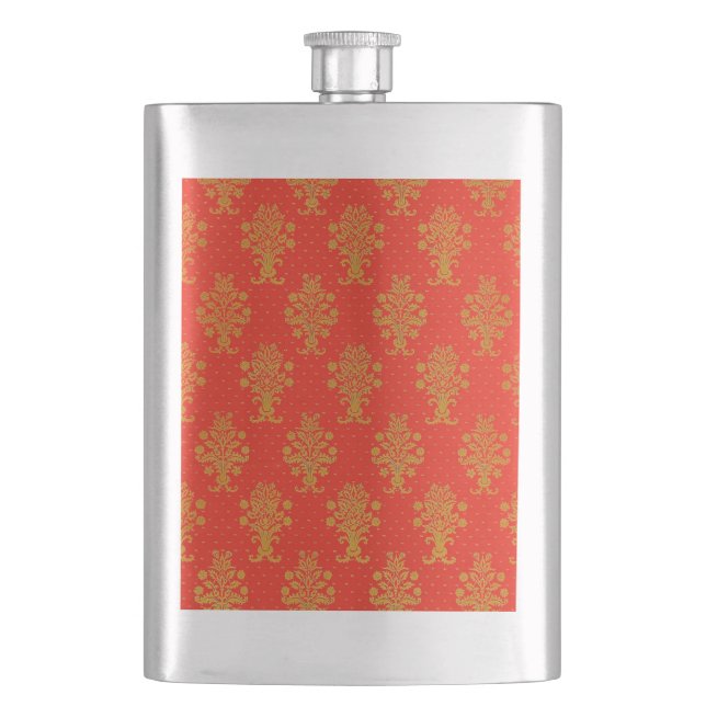 Red And Gold Floral Pattern Hip Flask (Front)