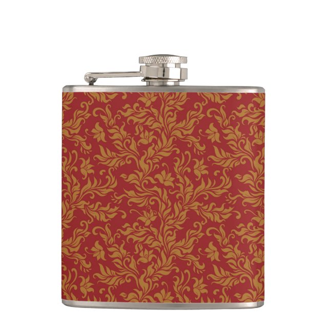 Red and Gold Floral Pattern Hip Flask (Front)