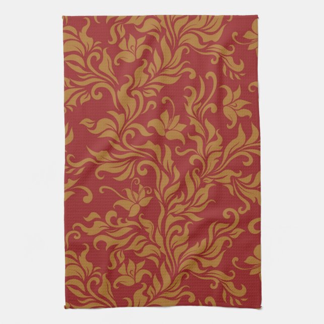Red and Gold Floral Pattern Kitchen Towel (Vertical)