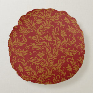 Red and Gold Floral Pattern Round Pillow