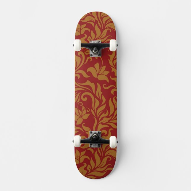 Red and Gold Floral Pattern Skateboard (Front)