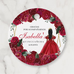 Red and Gold Floral Quinceanera Circle Favour Tags