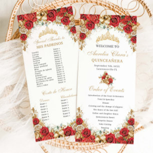 Red and Gold Floral Quinceanera Order of Events Program